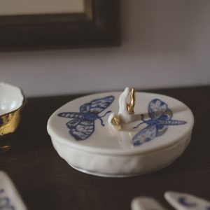 Porcelain Lidded Vessel Blue Moths & Teeth – Handmade in Berlin by Marta Maria Trenti