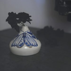 Porcelain wheel thrown moth & moon tiny vase Handmade in Berlin by Marta Maria Trenti
